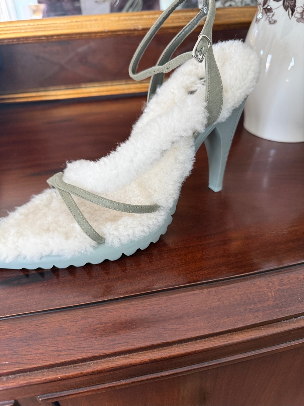 Off-White Pale Blue Shearling Strap Heeled Sandals - Picture 2 of 5